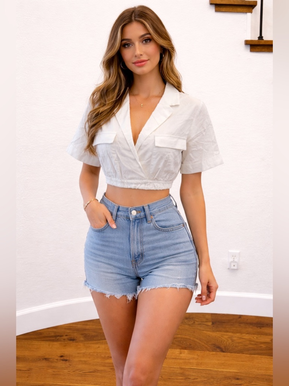 Shein White Cropped Notched Collar Button-Front Collared Top Cuffed Sleeves - XS